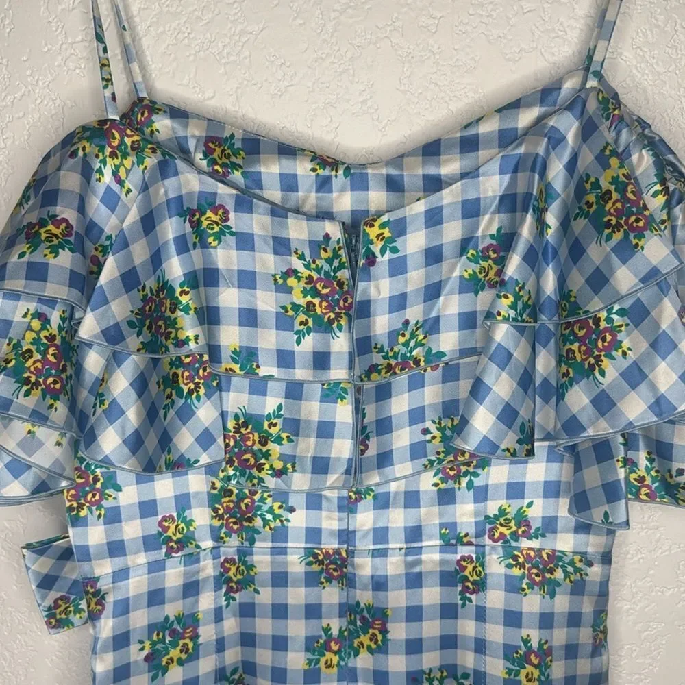 New ALESSANDRA RICH Off-Shoulder Floral Dress Medium Blue Gingham IT40/Small - Picture 7 of 16